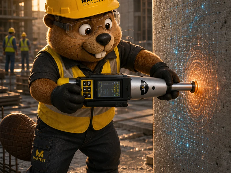 MATTEST beaver Rob with MIT STRIKE 225-1 rebound hammer on construction site